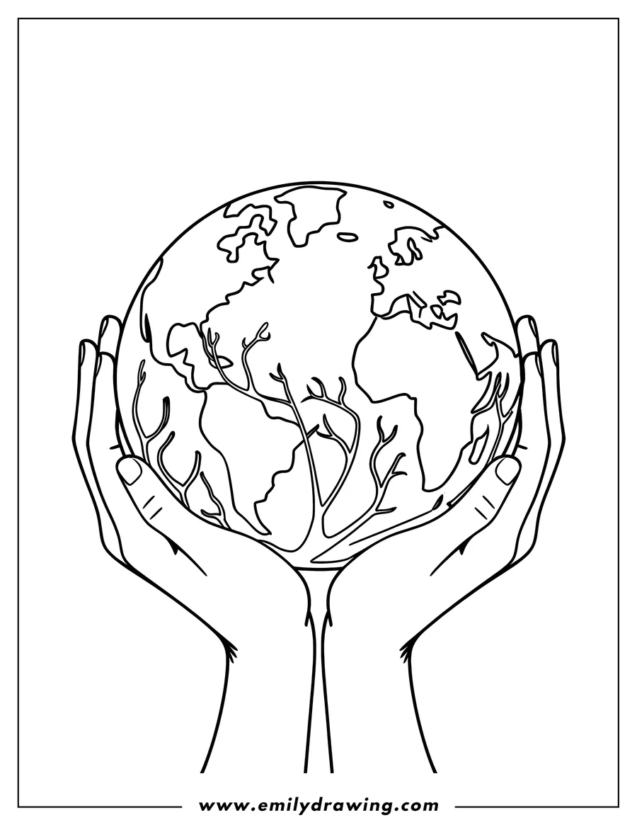 Line art of two hands gently holding the Earth, with a stylized tree visible within the globe's outline.