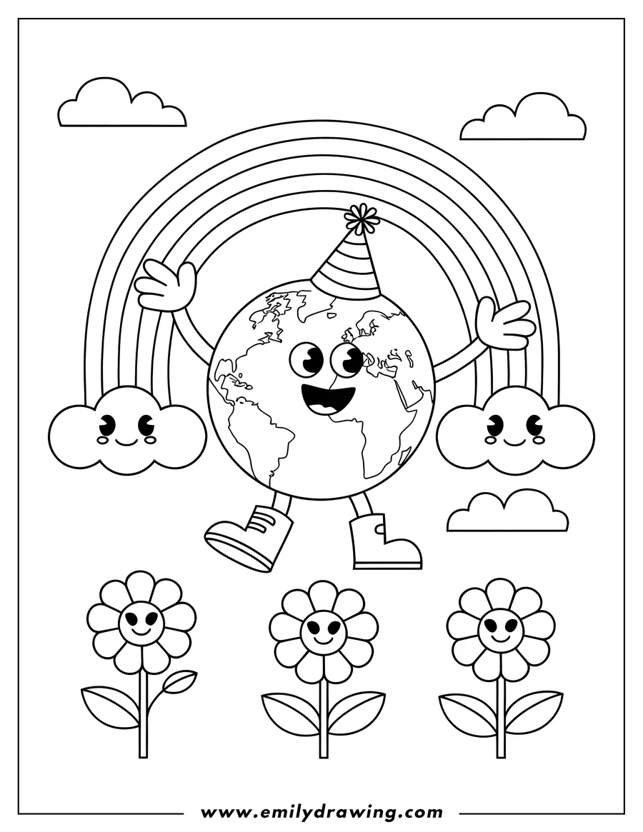 Line art of Earth wearing a party hat and boots, positioned beneath a rainbow with smiling clouds and flowers. Perfect for Earth Day.