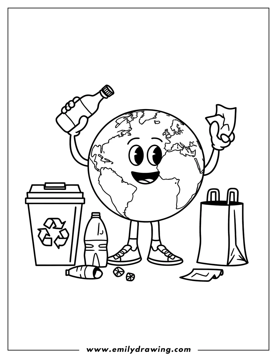 Line art of Earth holding a plastic bottle and paper, standing next to a recycling bin, promoting recycling practices.