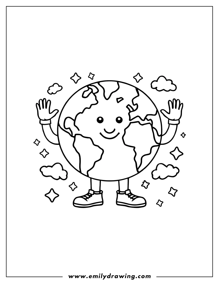 Outline of a friendly Earth wearing shoes and waving. Clouds and sparkles surround it.