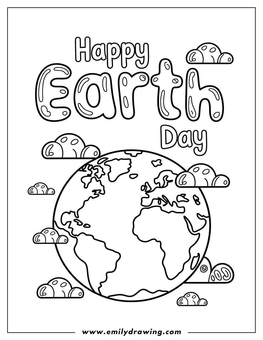 Line art of Earth surrounded by cute, simple clouds. Perfect for celebrating Earth Day.