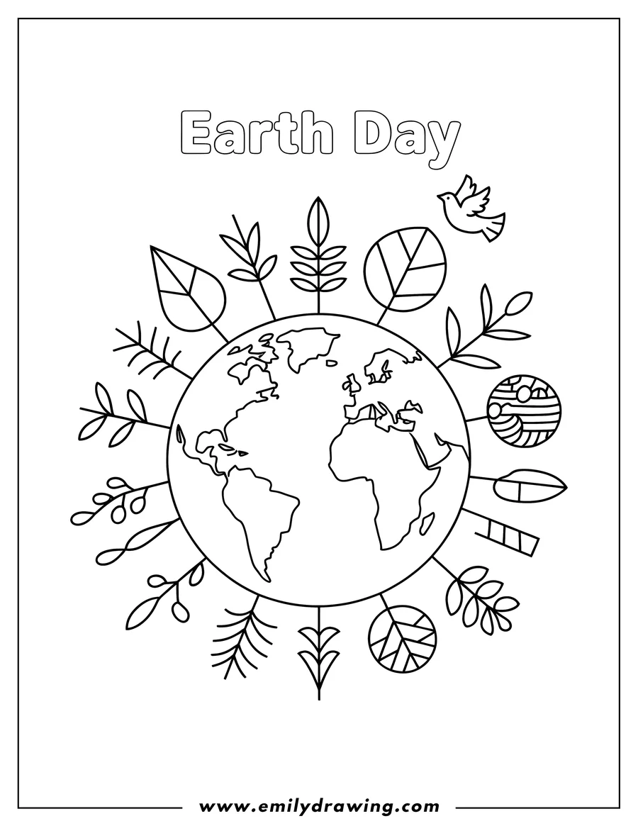 Outline of Earth with various leaves, branches, and a dove for Earth Day.
