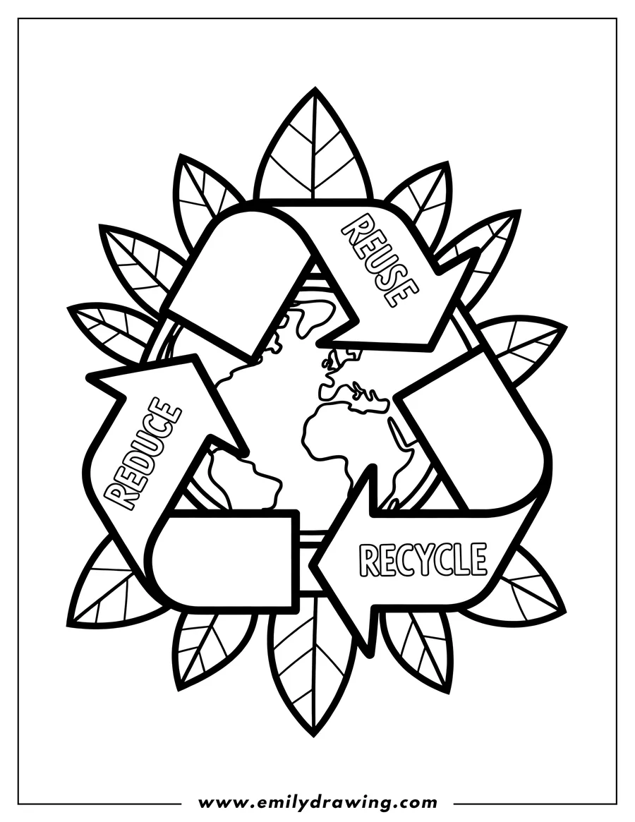 Line drawing of the Earth with three arrows forming a recycling symbol around it. The arrows are labeled