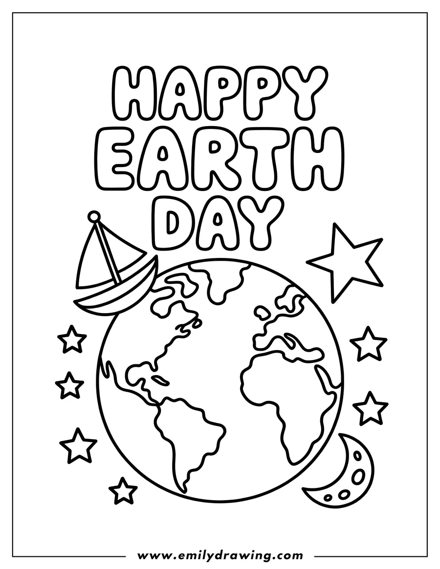 Outline of Earth with a sailboat, stars, and a crescent moon for Earth Day.