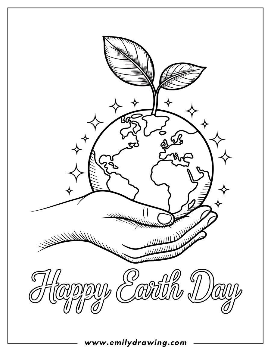 Line art of a hand gently holding the Earth with a small sprout growing from it, surrounded by sparkles. The words 'Happy Earth Day' are written below.