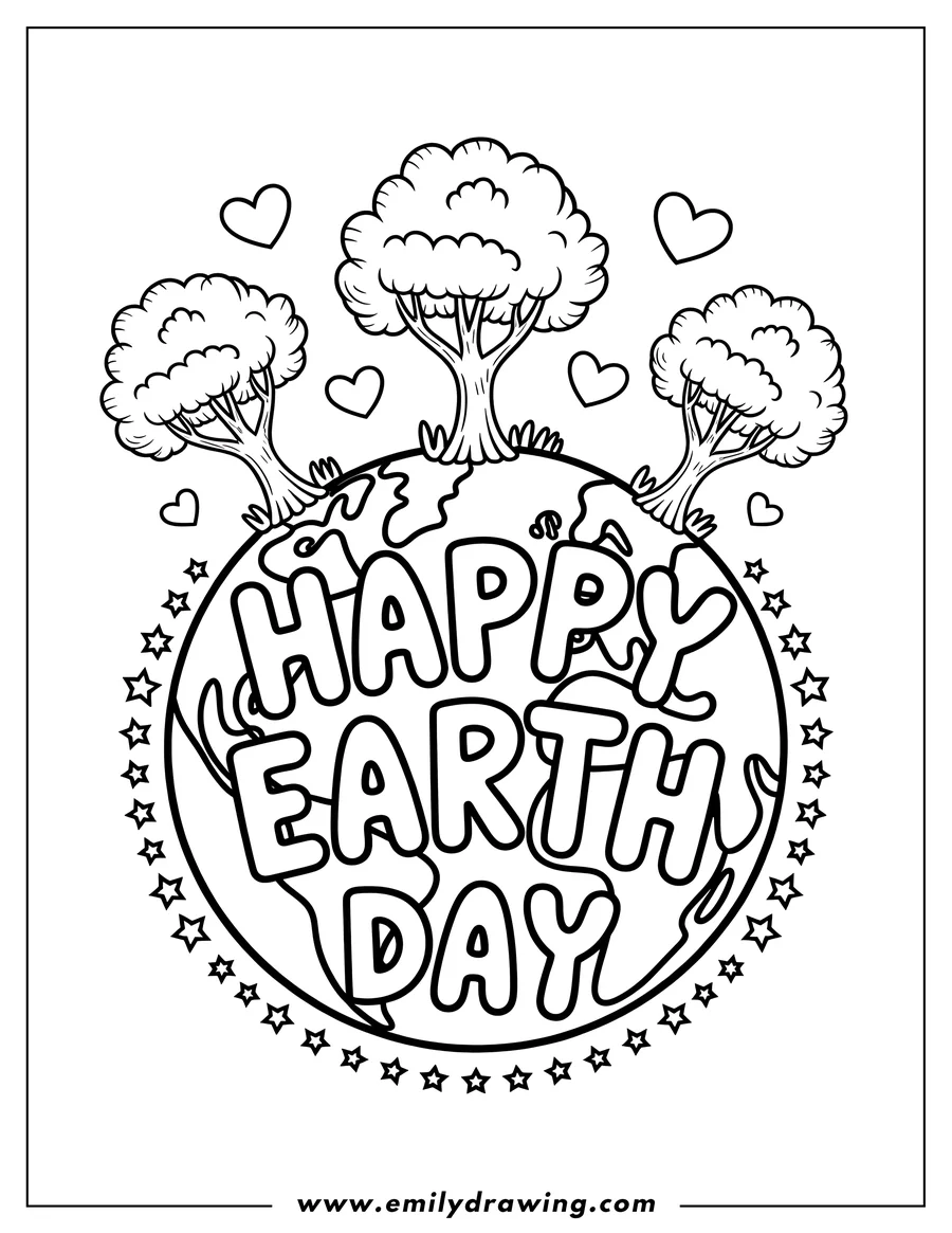 Outline of Earth with three trees growing on it surrounded by hearts and the words