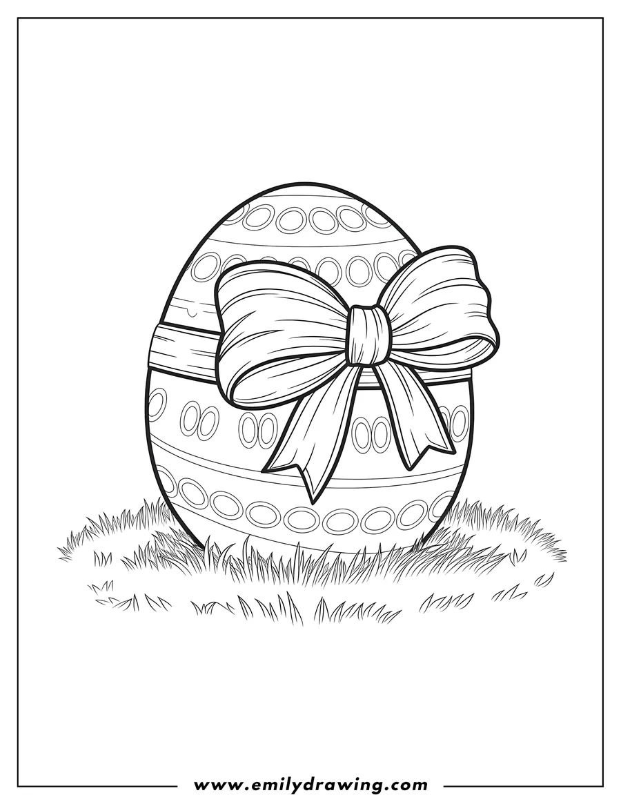 Line art of an Easter egg decorated with a large bow and circular patterns, resting on a patch of grass.