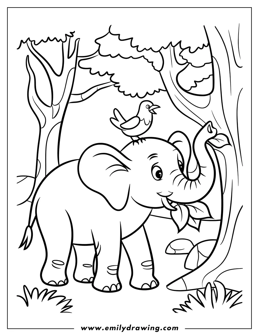Outline of an elephant with a bird perched on its head, standing in a forest setting. The elephant holds leaves in its trunk.