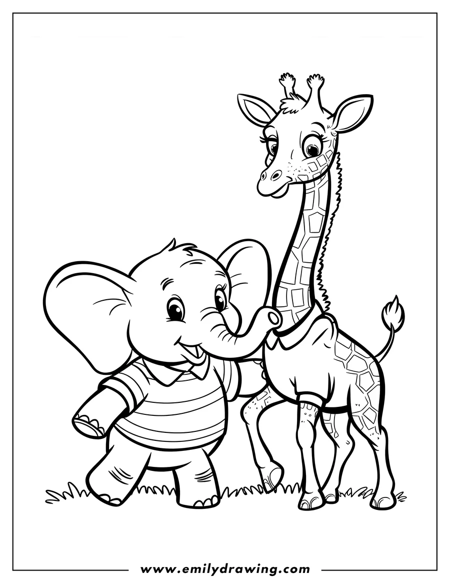 Outline of a baby elephant and giraffe standing side by side. Both are wearing shirts. The elephant's trunk is touching the giraffe's shirt.