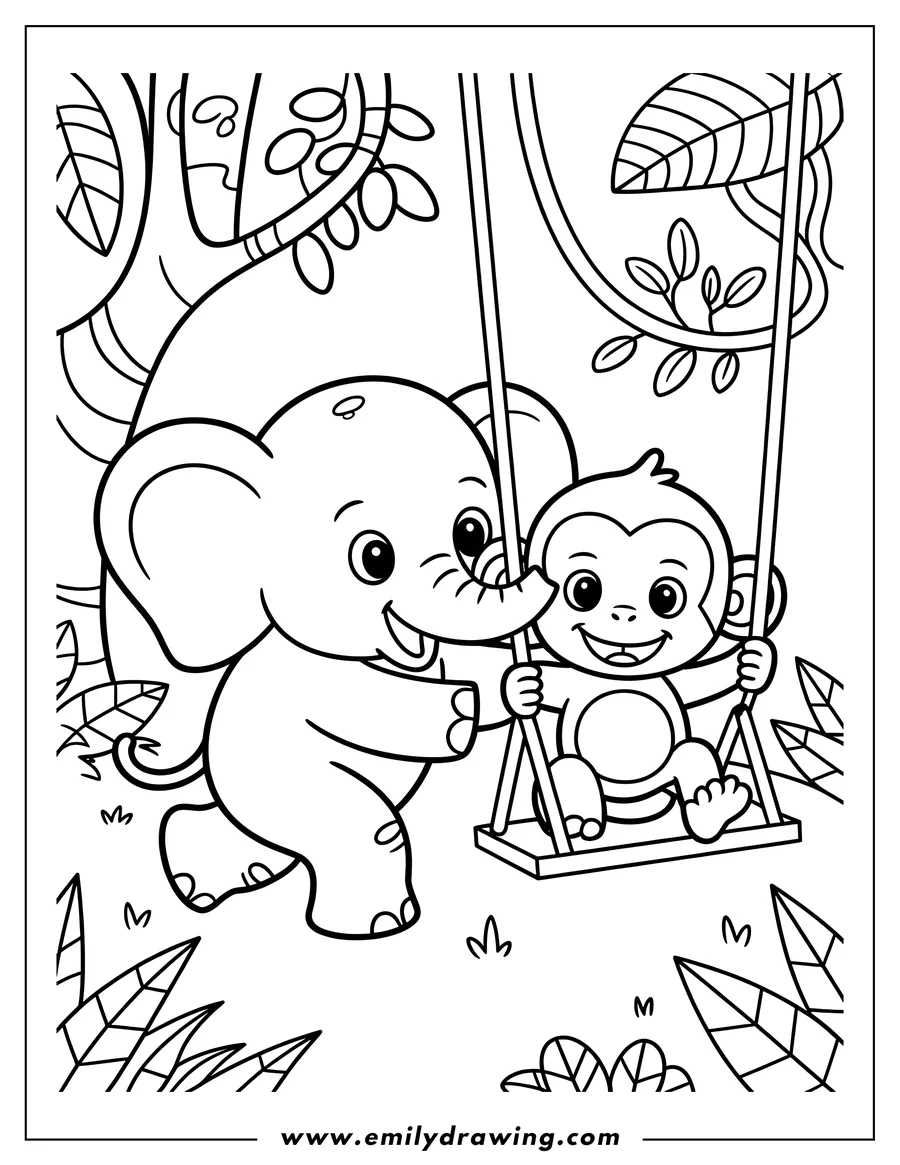 Outline of an elephant pushing a monkey on a swing set in a jungle setting.