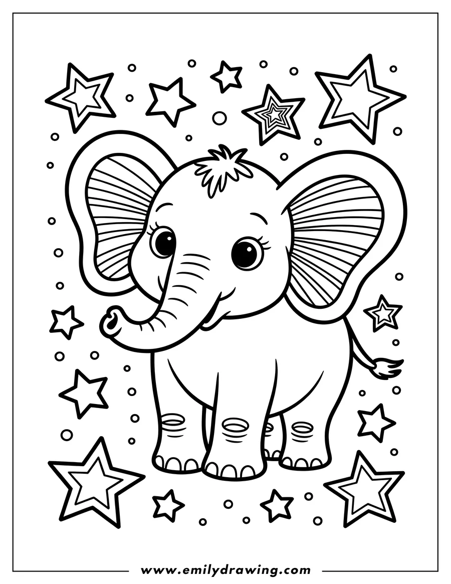 Outline of a baby elephant surrounded by stars.