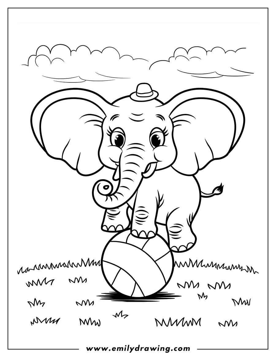 Outline of a baby elephant carefully balancing on top of a large ball. The elephant is wearing a small hat and looks happy. Tufts of grass and fluffy clouds complete the scene.