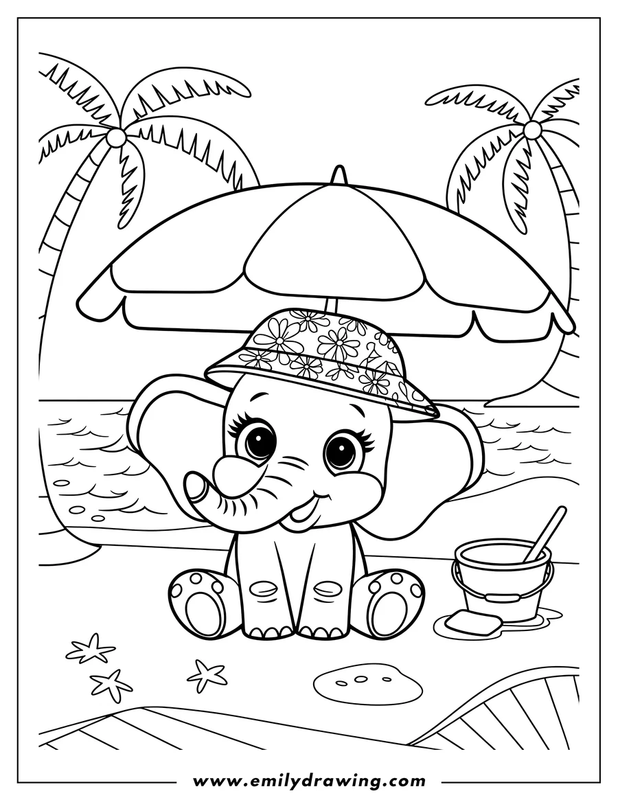 Outline of a baby elephant sitting on the beach under a beach umbrella, wearing a floral sun hat, with a bucket and shovel nearby.