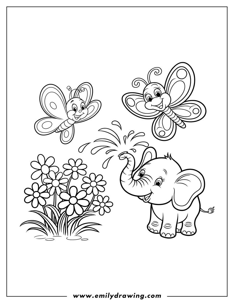 Outline of a baby elephant spraying water with two butterflies nearby and flowers in the foreground.