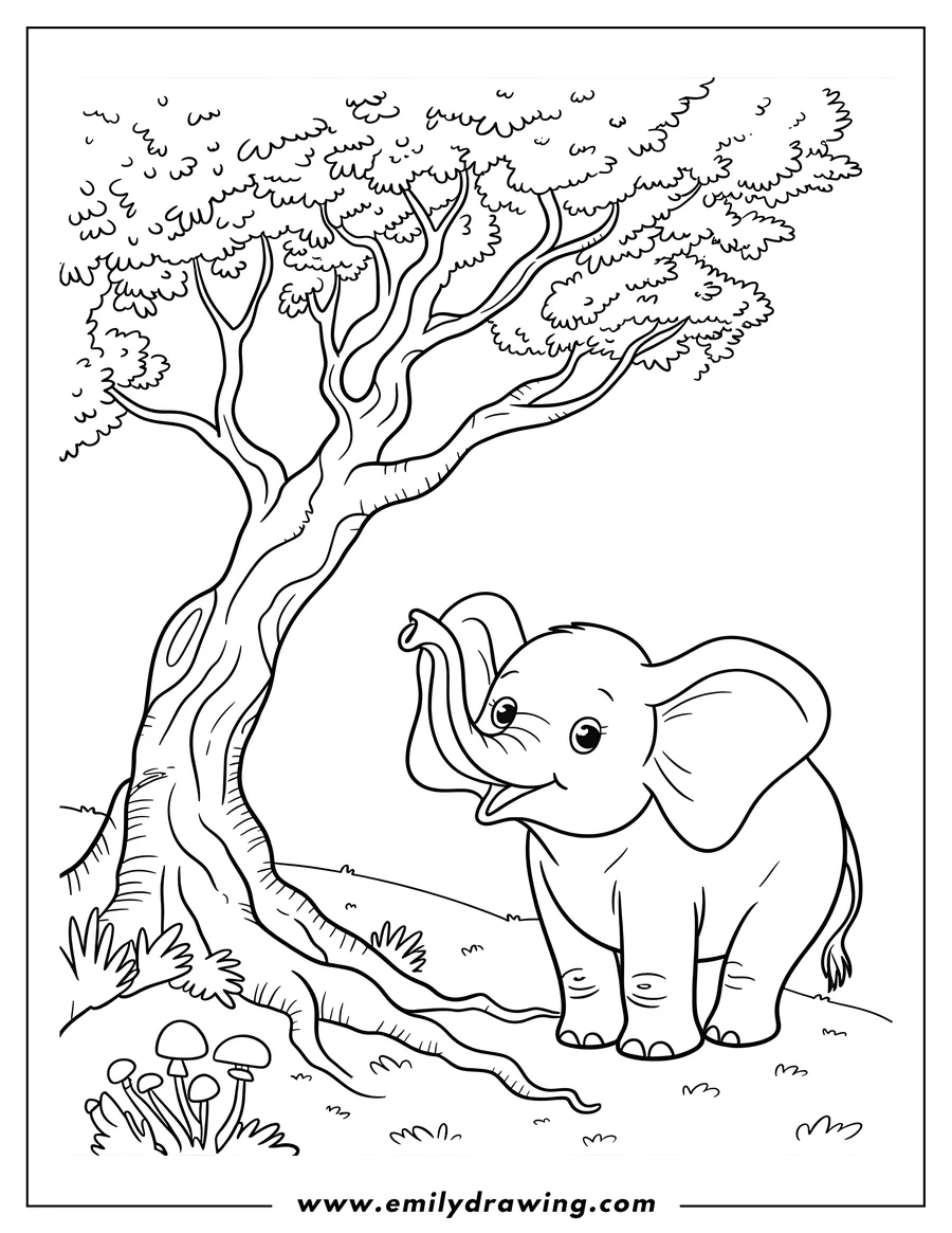 Outline of a baby elephant standing near a large tree with mushrooms growing at its base.