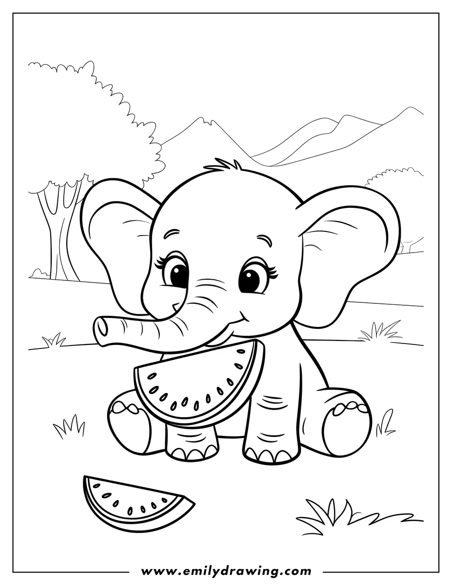Outline of a baby elephant sitting and eating a slice of watermelon in a grassy field with a tree and hills in the background.