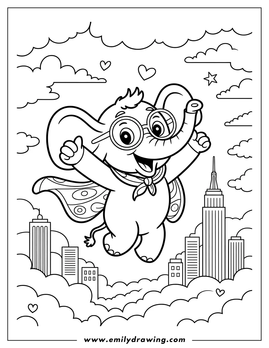 Line art of an elephant wearing a cape and glasses, flying above a cityscape with clouds and hearts.