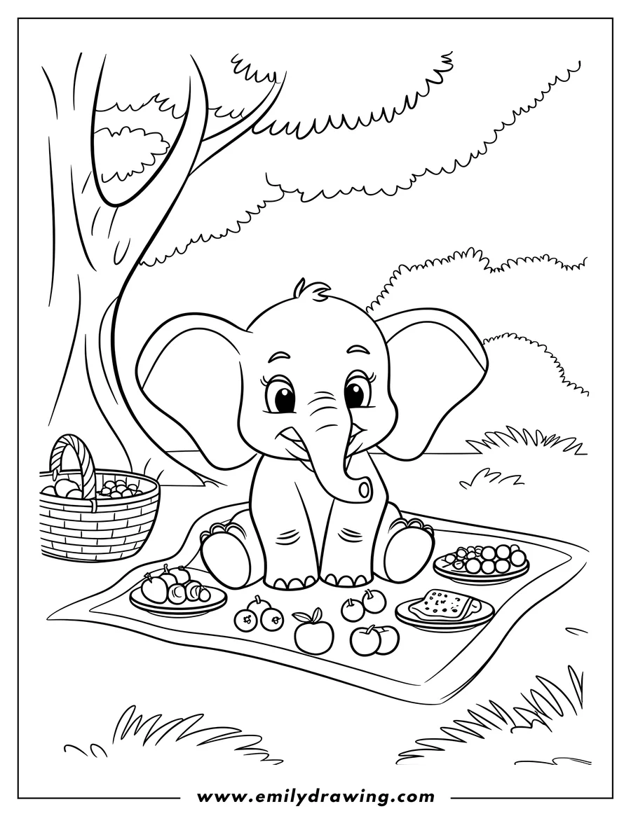 Outline of a baby elephant sitting on a picnic blanket under a tree, with a basket of fruit and plates of food around it.