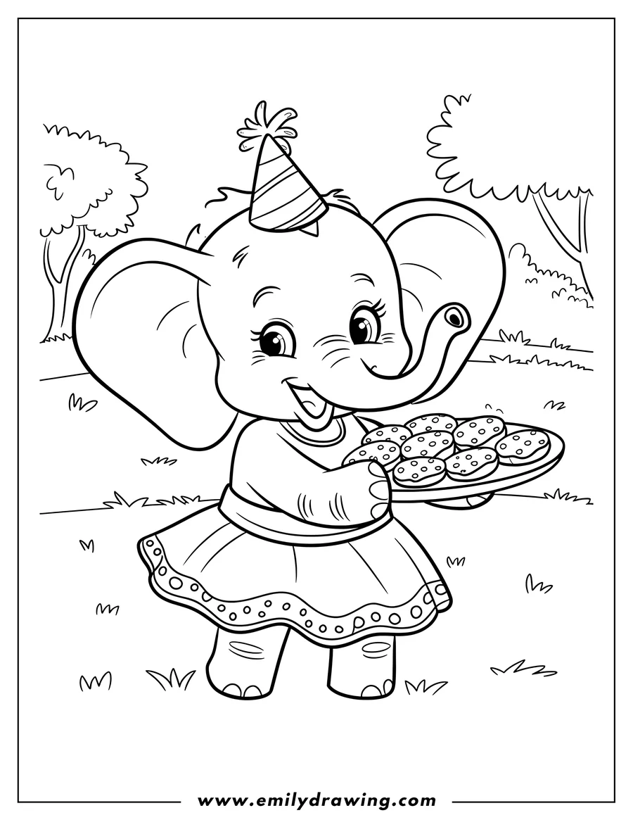 Outline of a cheerful elephant wearing a party hat and holding a plate of cookies.