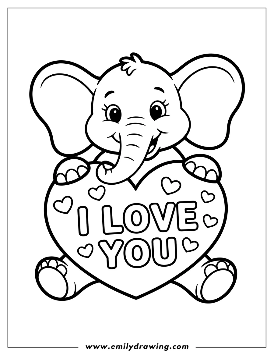 Outline of a baby elephant holding a large heart that says I Love You, decorated with small hearts.