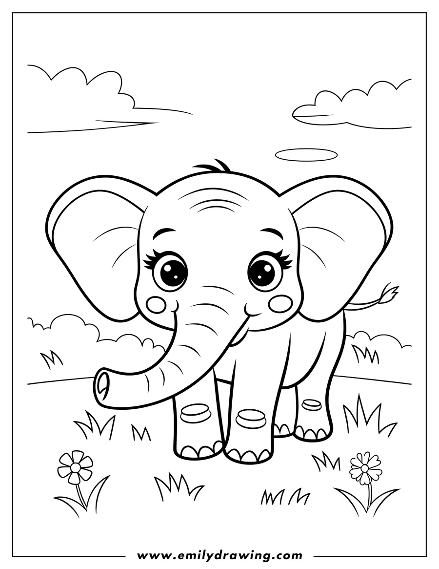Outline of a young elephant standing in a field with flowers and grass.