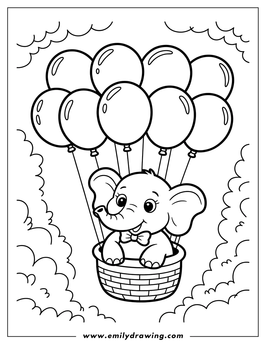 Outline of a baby elephant sitting in a basket carried by a bunch of balloons, like a hot air balloon, with fluffy clouds in the background.