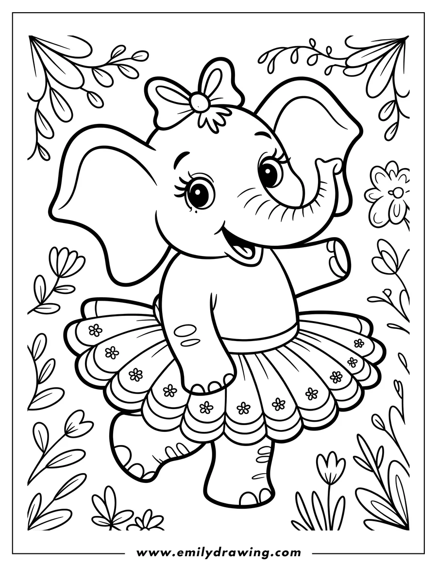 Outline of a young elephant wearing a tutu and a bow on her head, surrounded by flowers.
