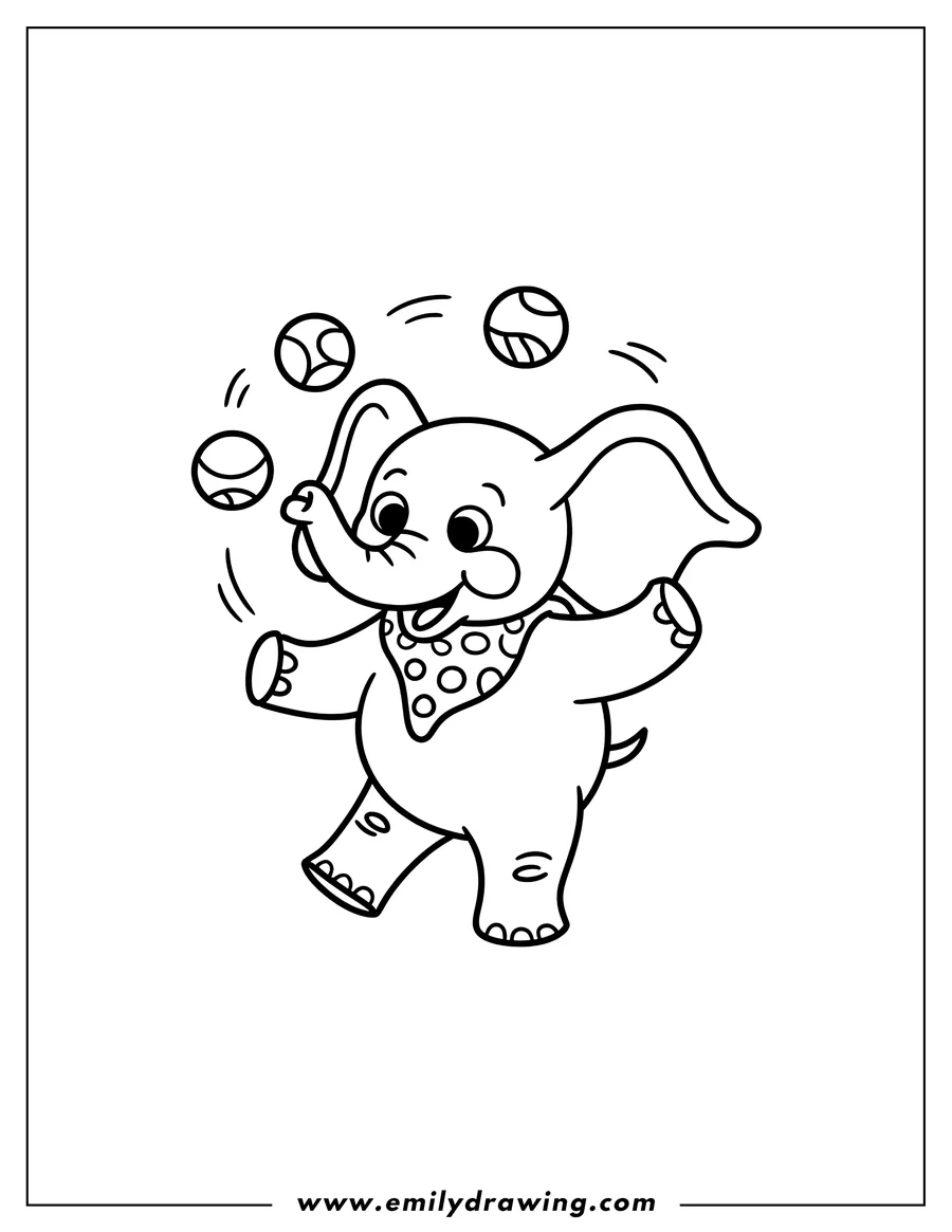 Outline of a playful elephant juggling three balls in the air, wearing a spotted bandana.