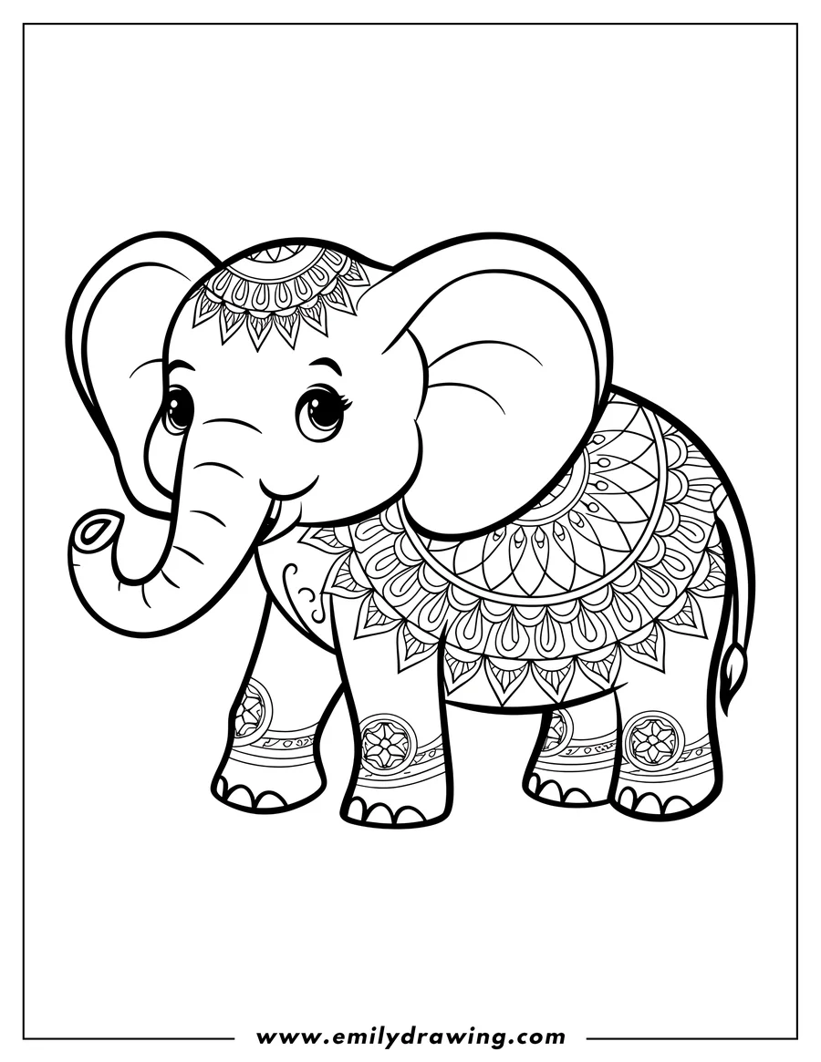 Outline of an elephant decorated with mandala patterns on its head, back, and legs.