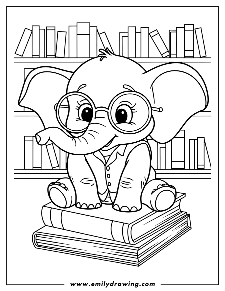 Outline of an elephant wearing round glasses and a vest, sitting on a stack of books with more books on shelves in the background.