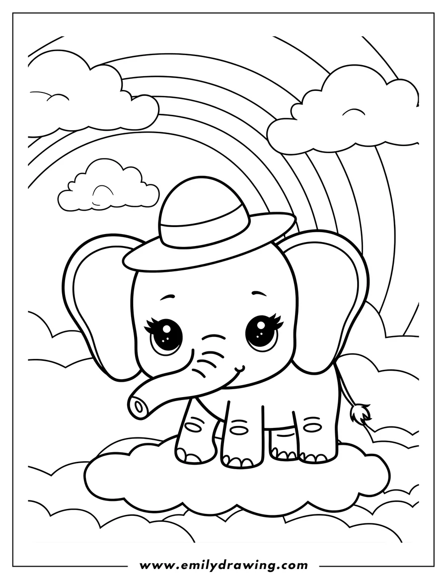 Outline of a baby elephant standing on a cloud, wearing a hat, with a rainbow in the background.