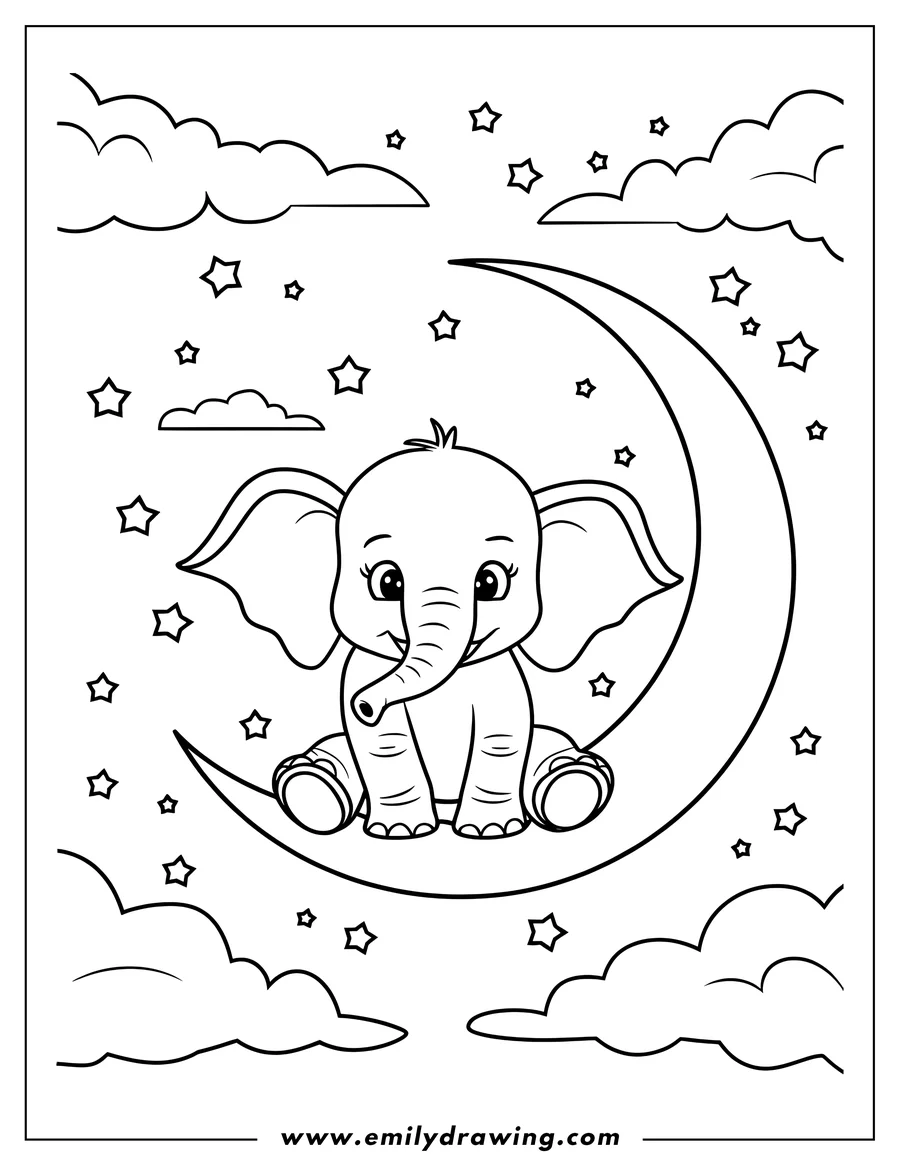 Outline of a baby elephant sitting on the crescent moon, surrounded by stars and clouds.