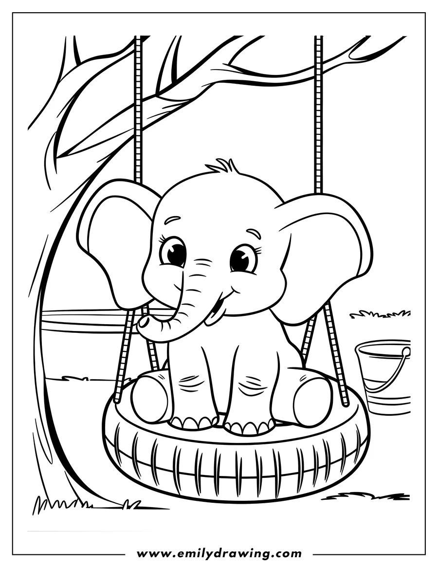 Outline of a baby elephant sitting on a tire swing hanging from a tree branch. A bucket sits on the ground beside the swing.