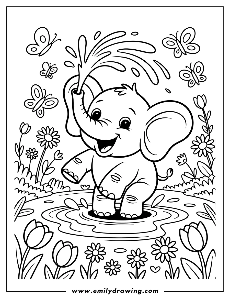 Outline of a playful baby elephant splashing in a puddle surrounded by flowers and butterflies.