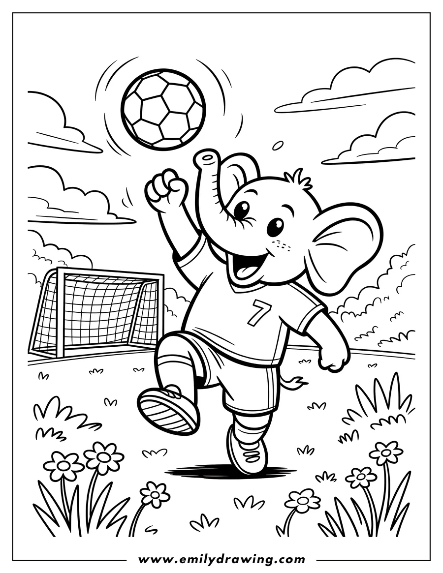 Outline of an elephant wearing a soccer uniform and about to kick a soccer ball. A soccer net and flowers are also visible.