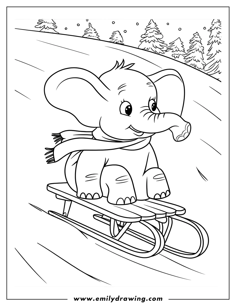 Outline of a happy elephant wearing a scarf and sledding down a snowy hill.