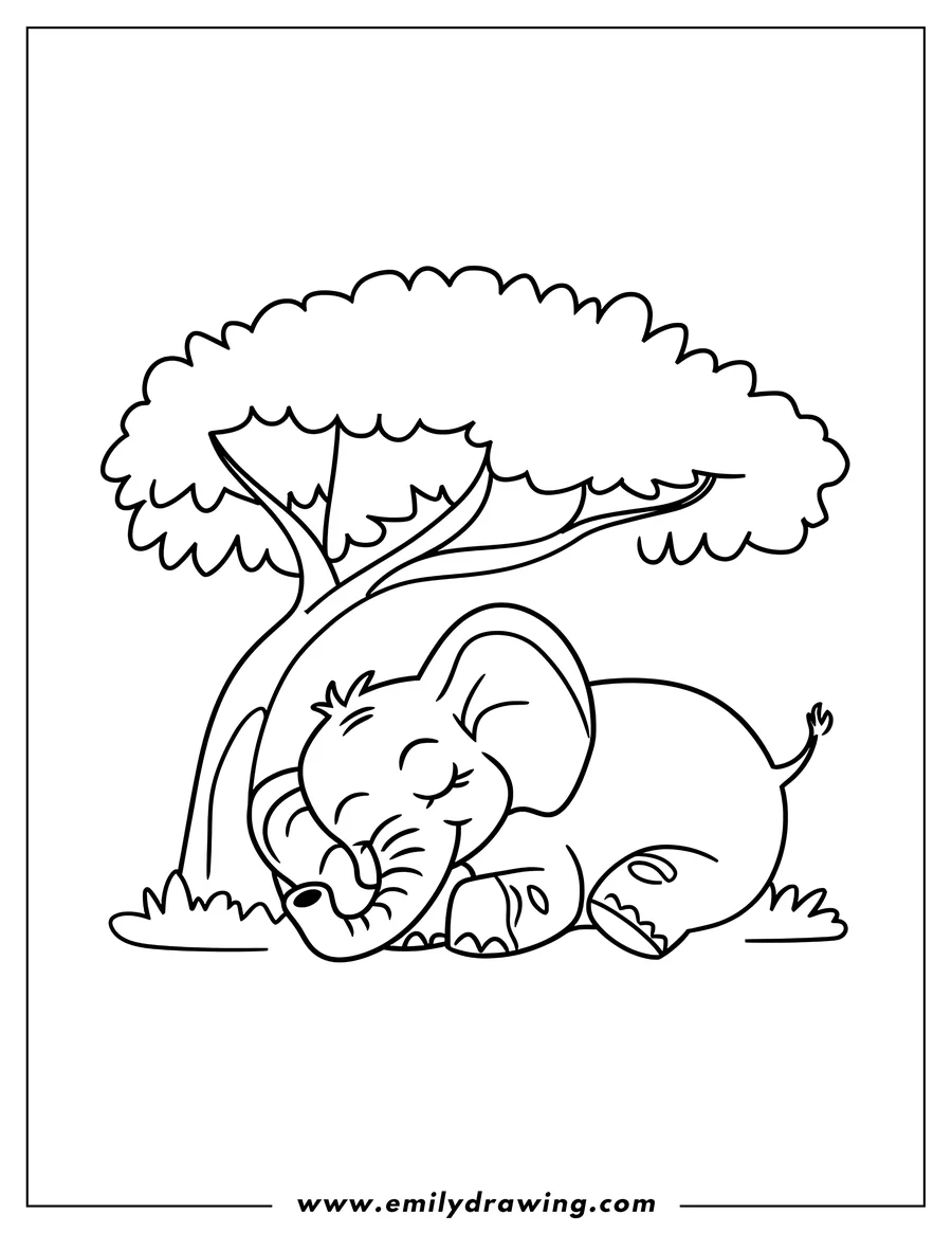 Outline of an elephant sleeping peacefully under a tree. Its trunk rests gently on the ground, and its eyes are closed.