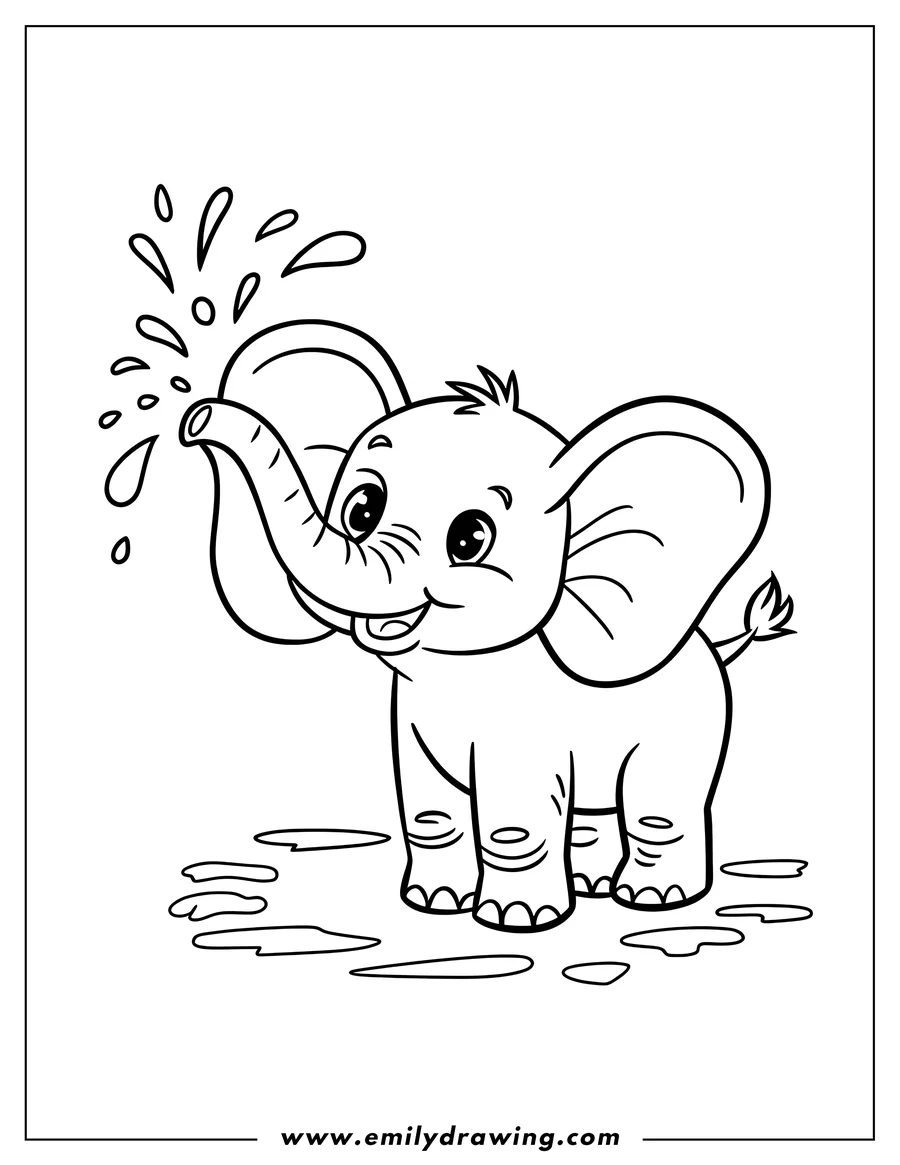 Outline of a playful baby elephant spraying water from its trunk.