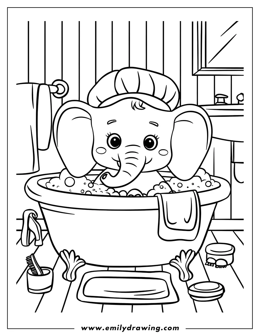 Outline of a baby elephant happily taking a bubble bath in a clawfoot tub.
