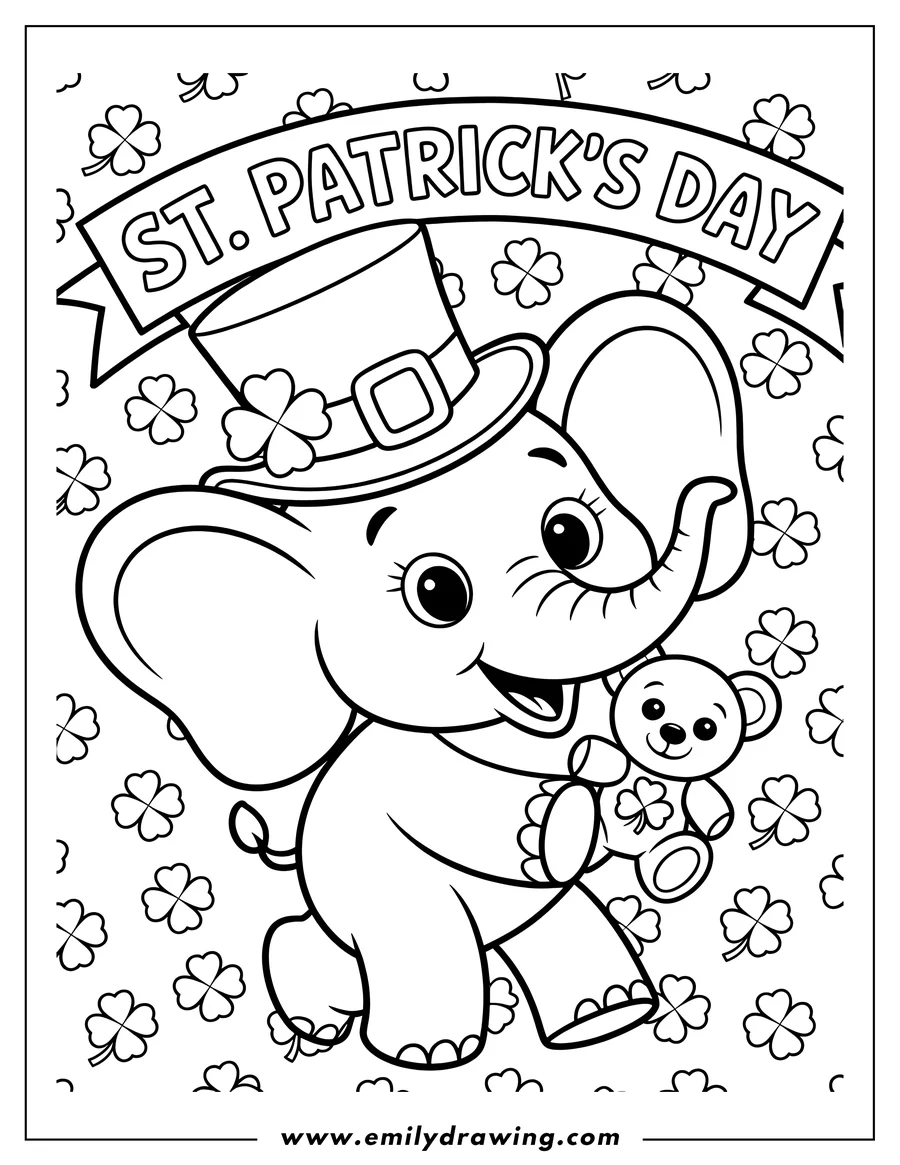 Line art of an elephant wearing a St. Patrick's Day hat and holding a teddy bear, surrounded by shamrocks.