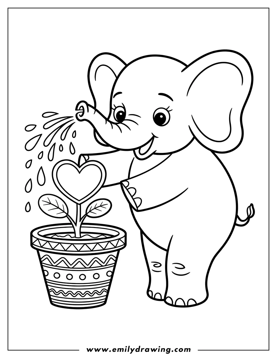 Outline of a baby elephant watering a heart-shaped plant in a decorated pot.