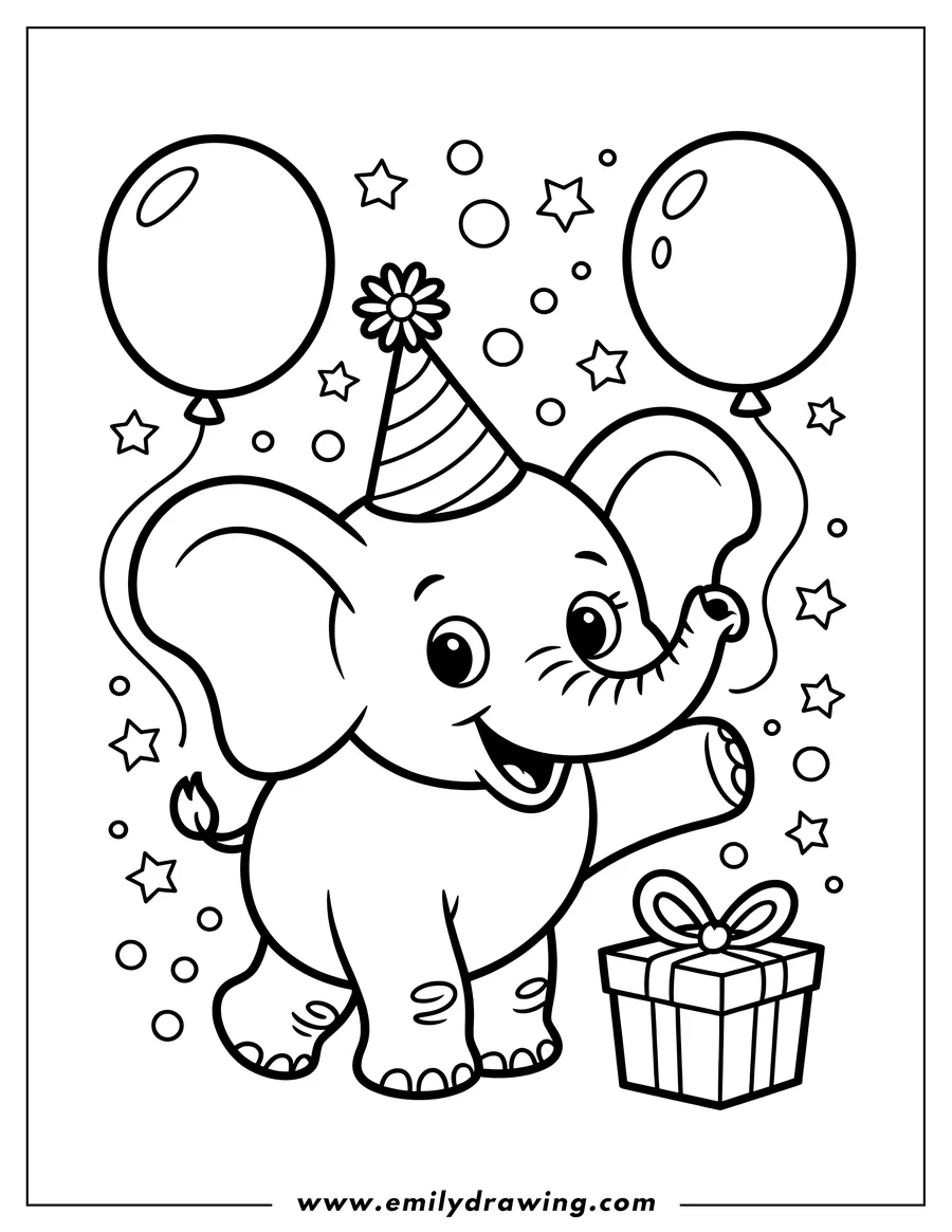 Outline of a cheerful elephant holding balloons and standing next to a birthday present. The elephant is wearing a party hat and the background is decorated with stars and circles.