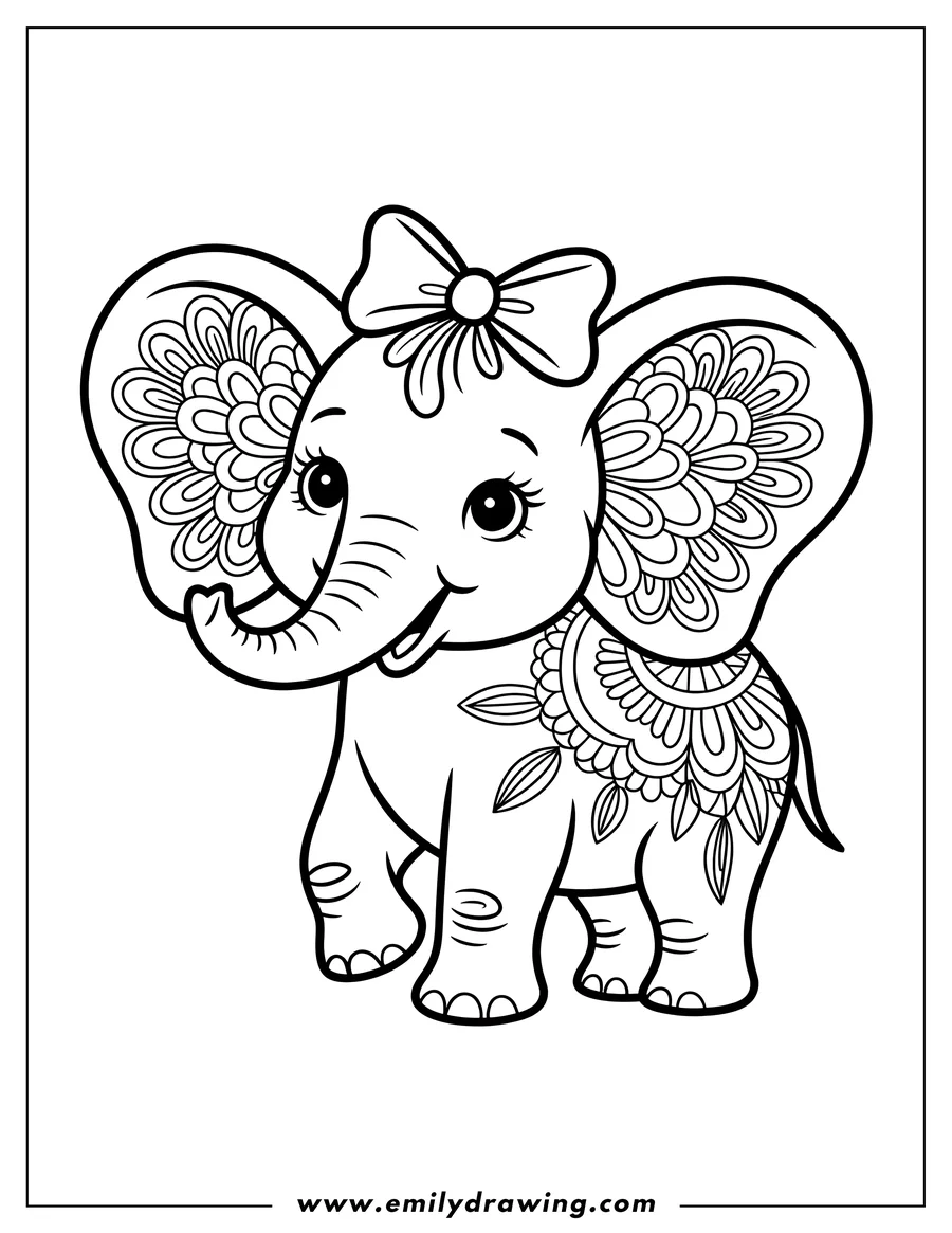 Outline of a young elephant with a bow on its head and floral patterns on its ears and back