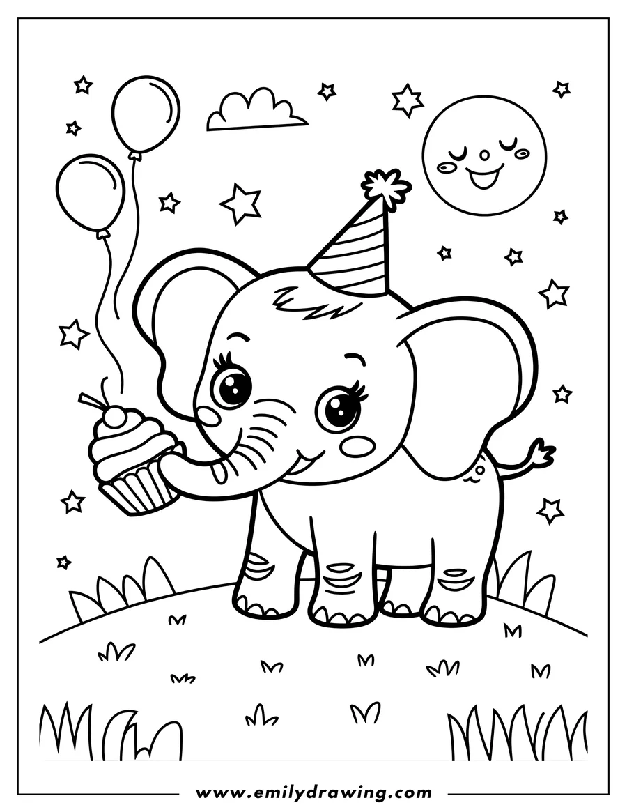 Outline of a baby elephant holding a cupcake, wearing a party hat, with balloons floating nearby under a smiling moon and stars.