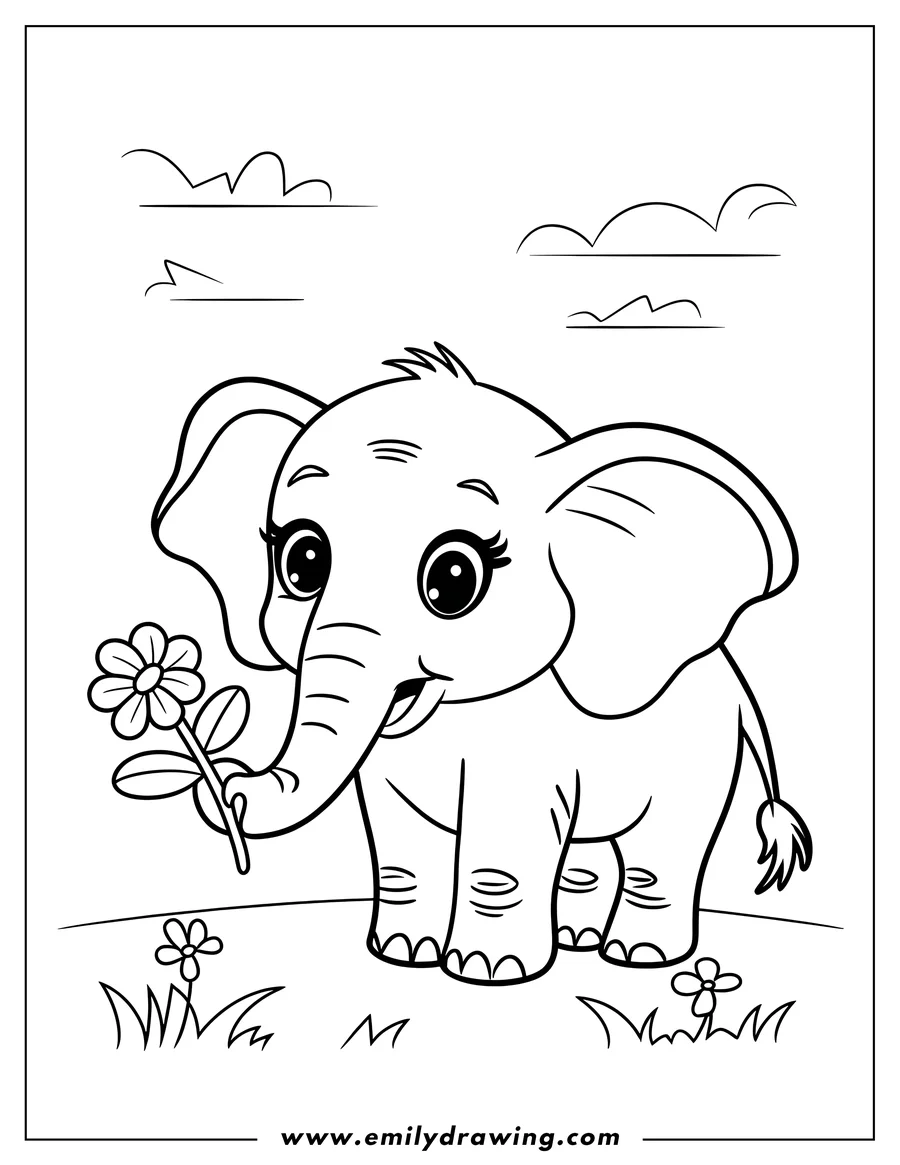 Outline of a baby elephant holding a flower in its trunk, with more flowers growing at its feet.