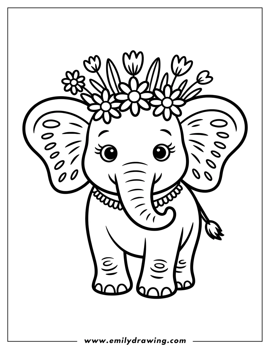 Outline of an elephant wearing a flower crown and a beaded necklace.