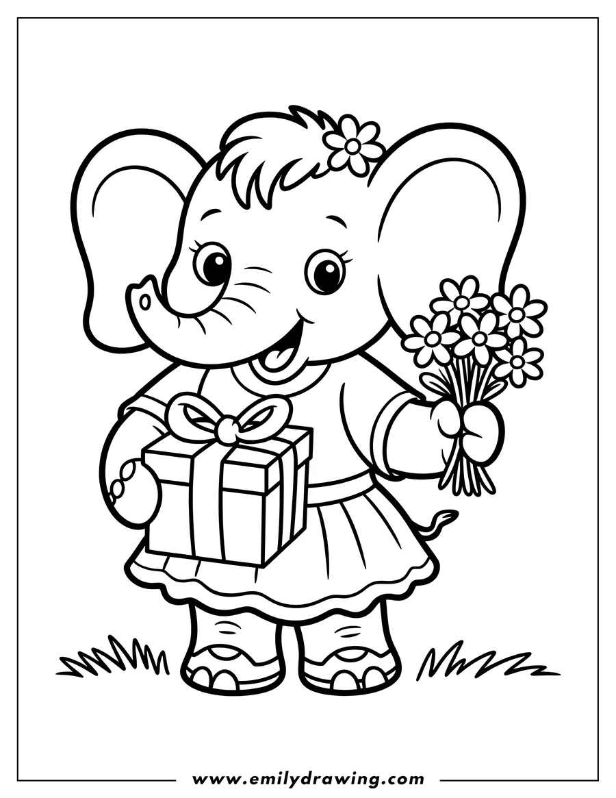 Outline of a cheerful elephant wearing a dress and holding a gift and a bouquet of flowers.