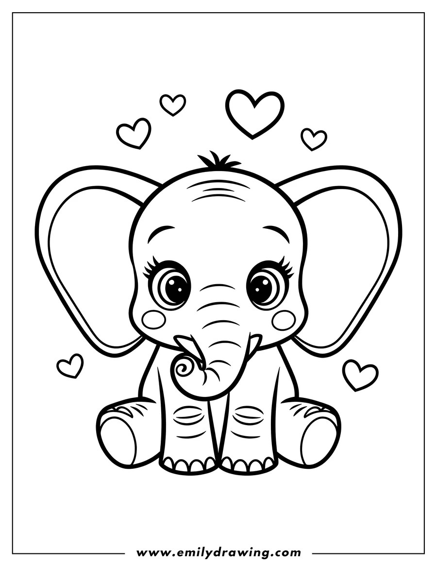 Outline of a baby elephant sitting with hearts floating around it.