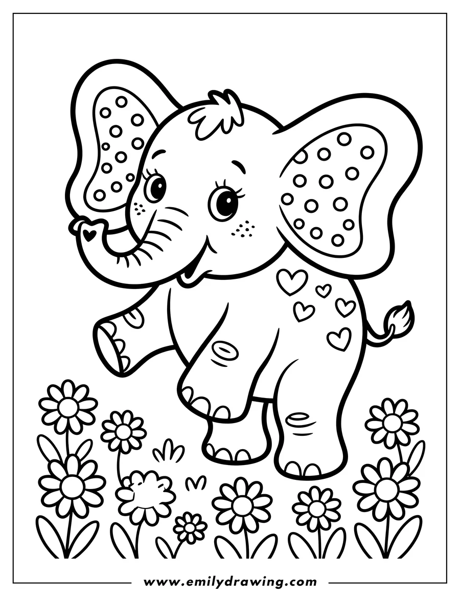 Outline of a young elephant with hearts on its side, standing in a patch of flowers.