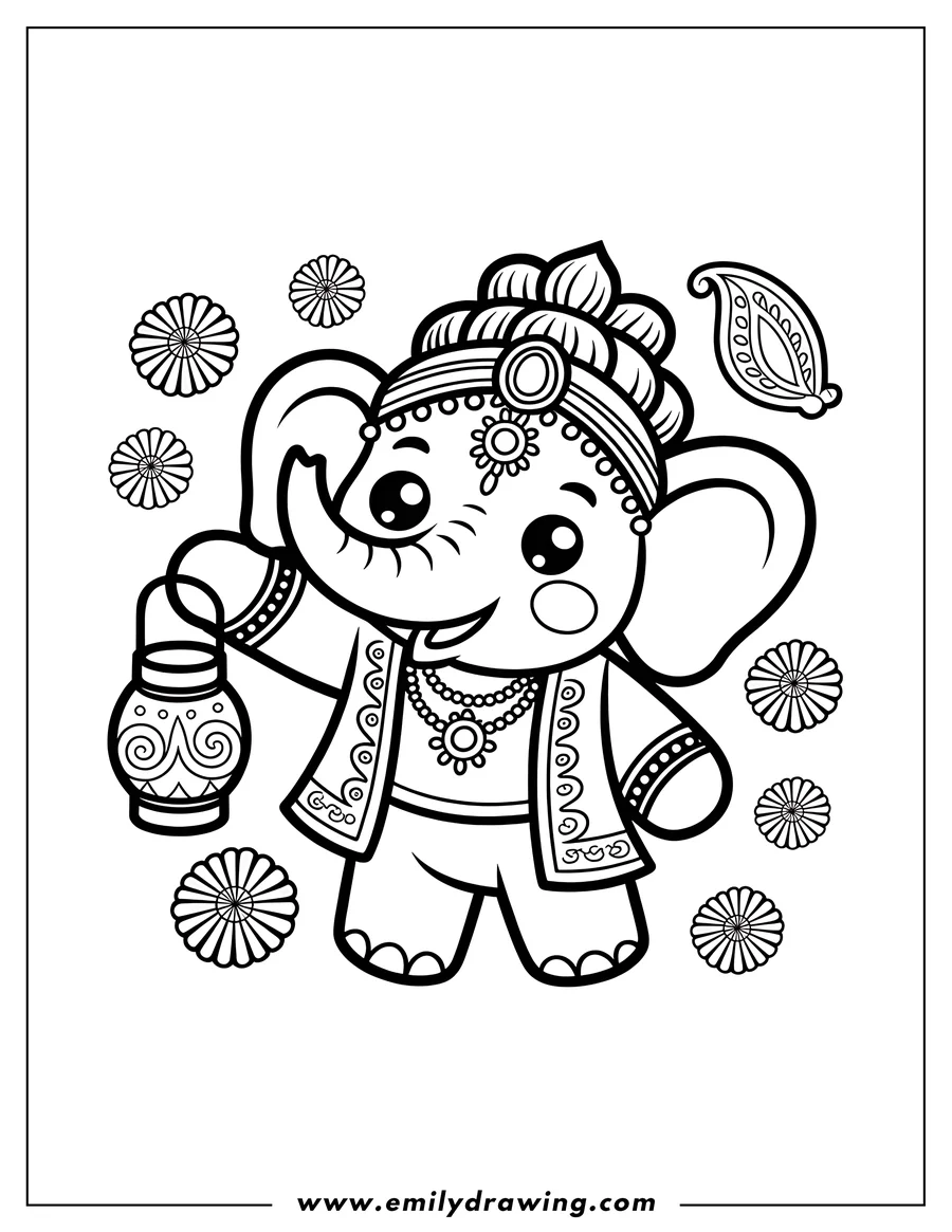 Line art of a baby elephant holding a decorated lantern, wearing ornate clothing and a headdress.